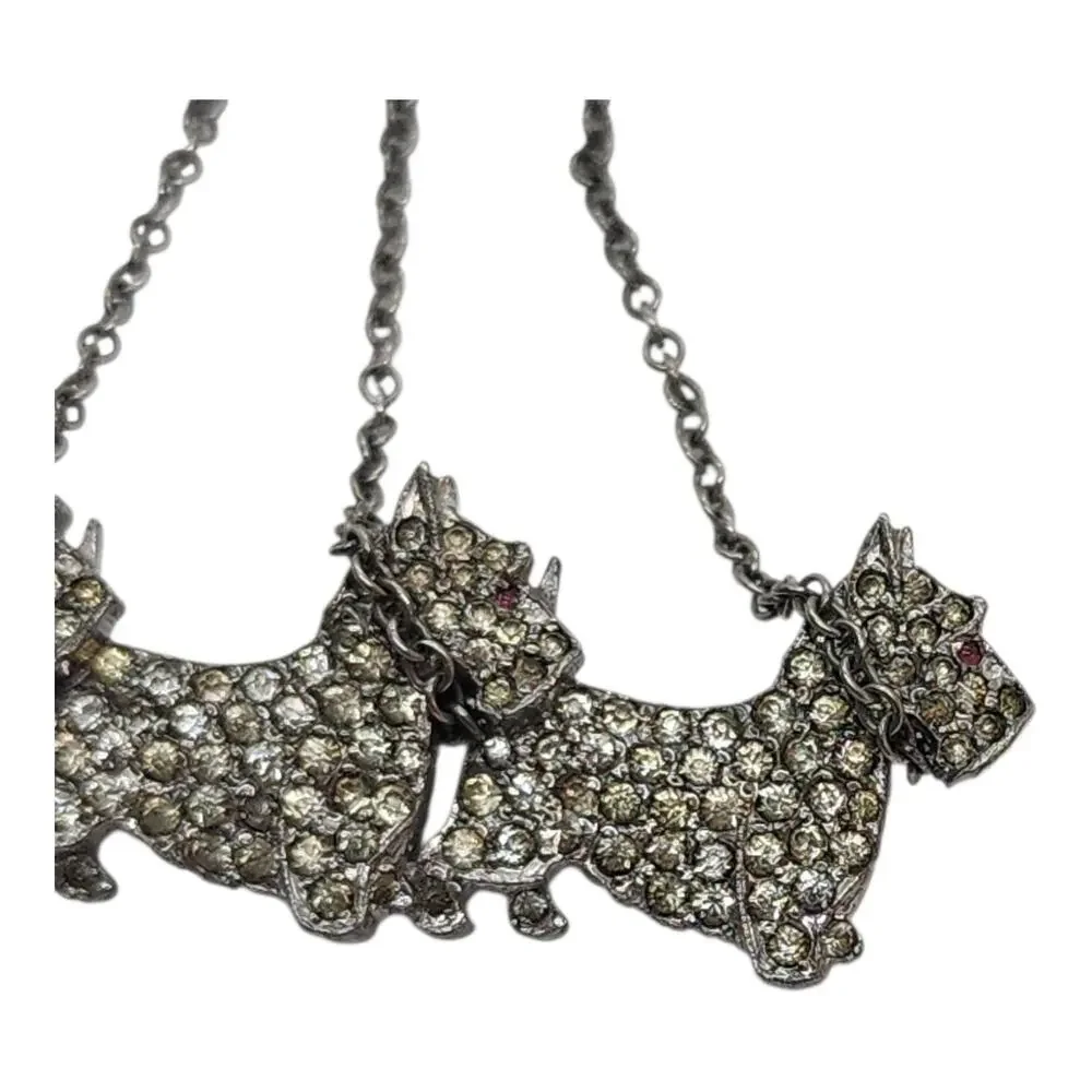 Vintage Scottie Dog Rhinestone Dangle Brooch 3 Terrier Pin Silver Tone Figural
